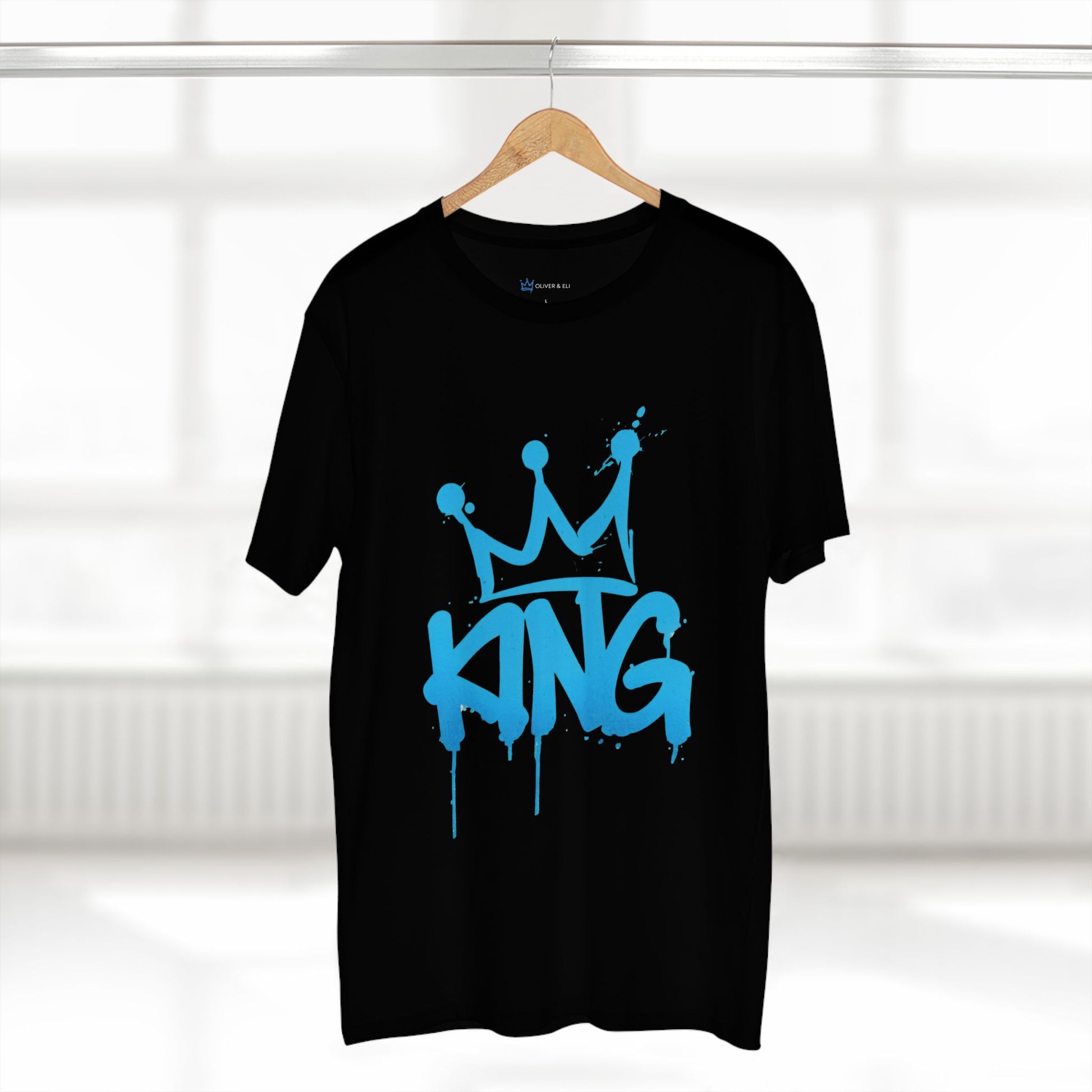 King Crown graphic t-shirt with bold blue graffiti typography and crown design