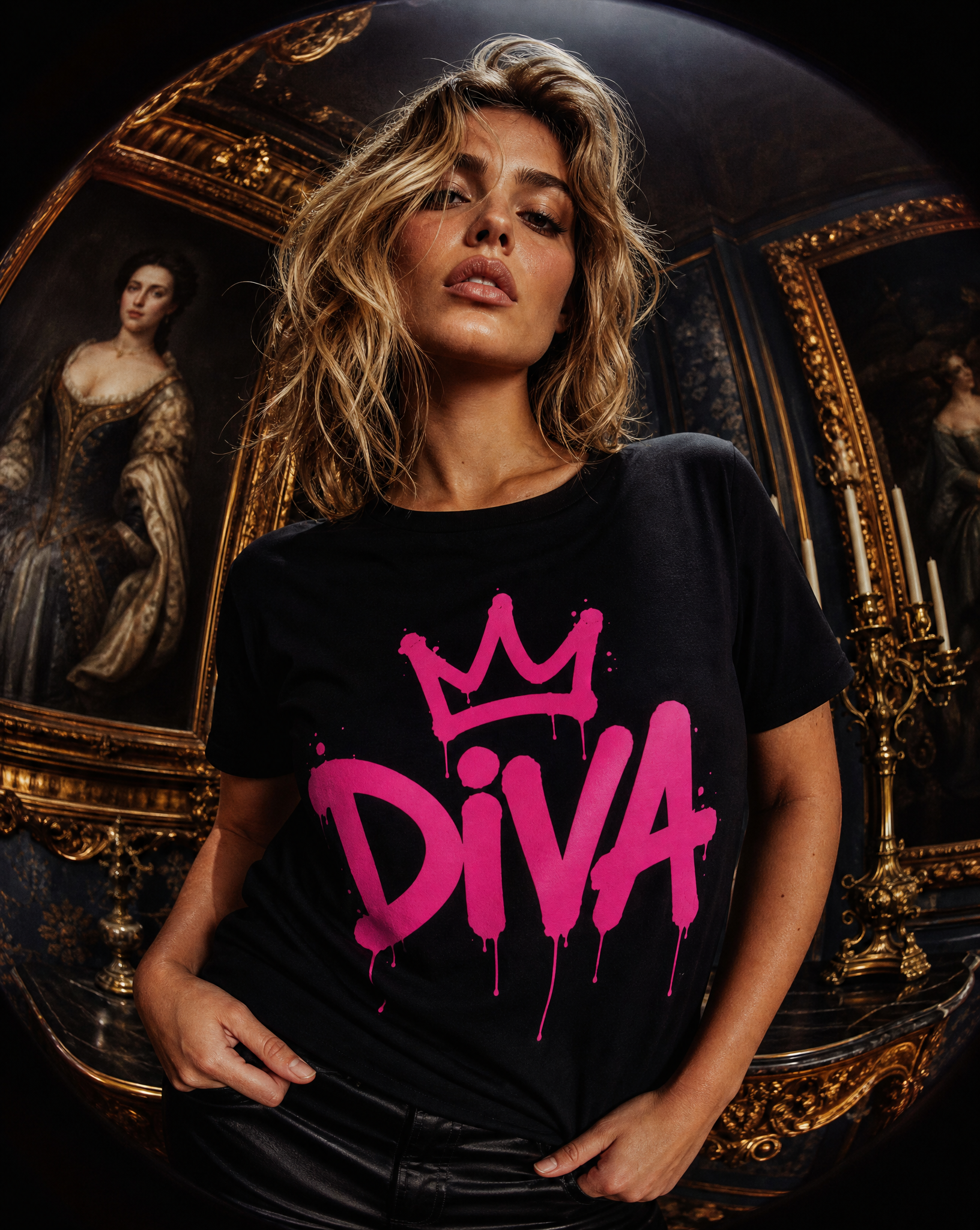 Woman wearing Diva graphic t-shirt with pink graffiti lettering and crown icon