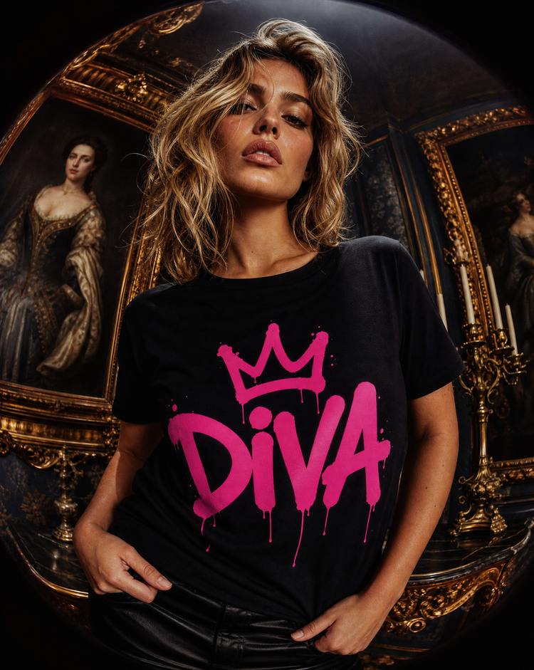 Woman wearing Diva graphic t-shirt with pink graffiti lettering and crown icon