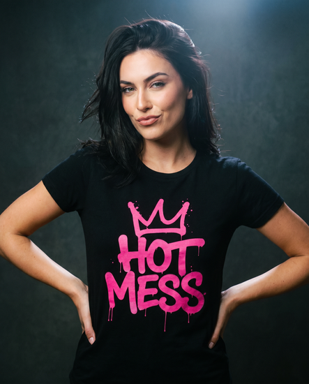 Hot Mess Energy graphic t-shirt with oversized pink graffiti lettering
