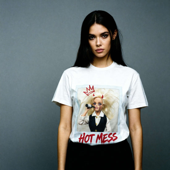 Model wearing Oliver & Eli premium statement t-shirt – bold style wearable art 