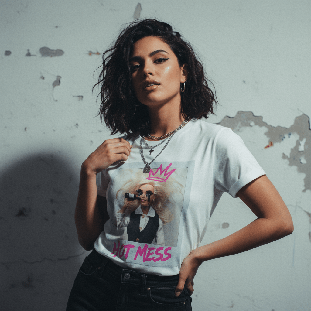 Model wearing Oliver & Eli premium statement t-shirt – bold style wearable art 