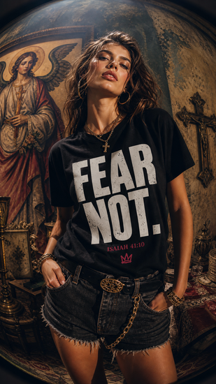 Christian faith graphic t-shirt worn by model with bold print