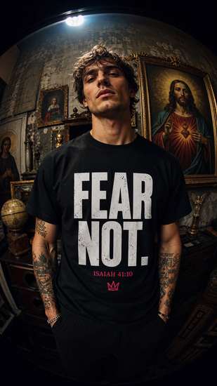 Christian faith graphic t-shirt worn by model with bold print