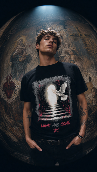 Christian faith graphic t-shirt worn by model with bold print