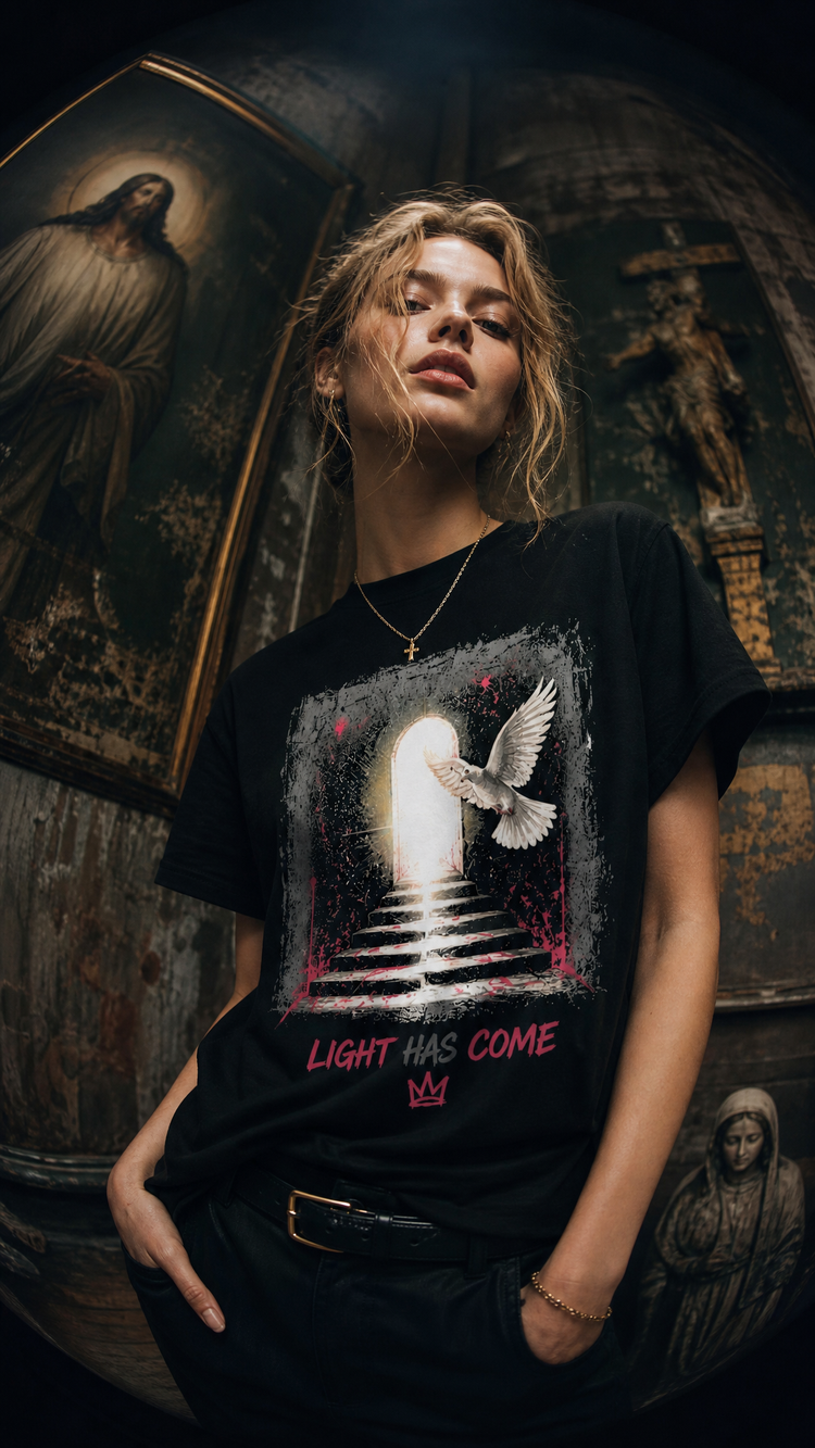 Christian faith graphic t-shirt worn by model with bold print