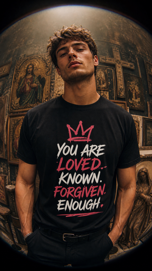 Christian faith graphic t-shirt worn by model with bold print