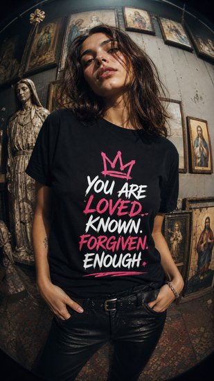 Christian faith graphic t-shirt worn by model with bold print