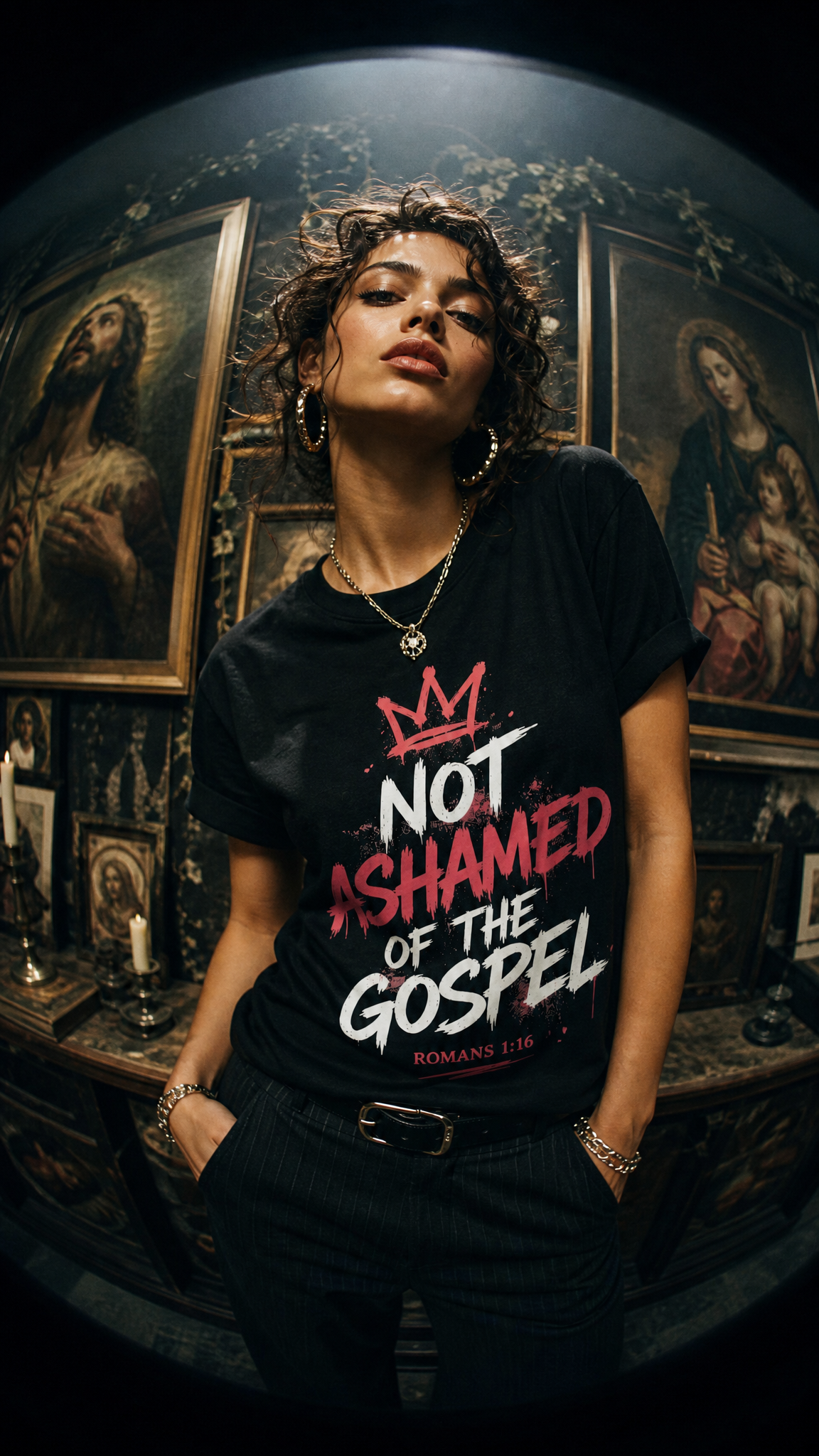 Christian faith graphic t-shirt worn by model with bold print