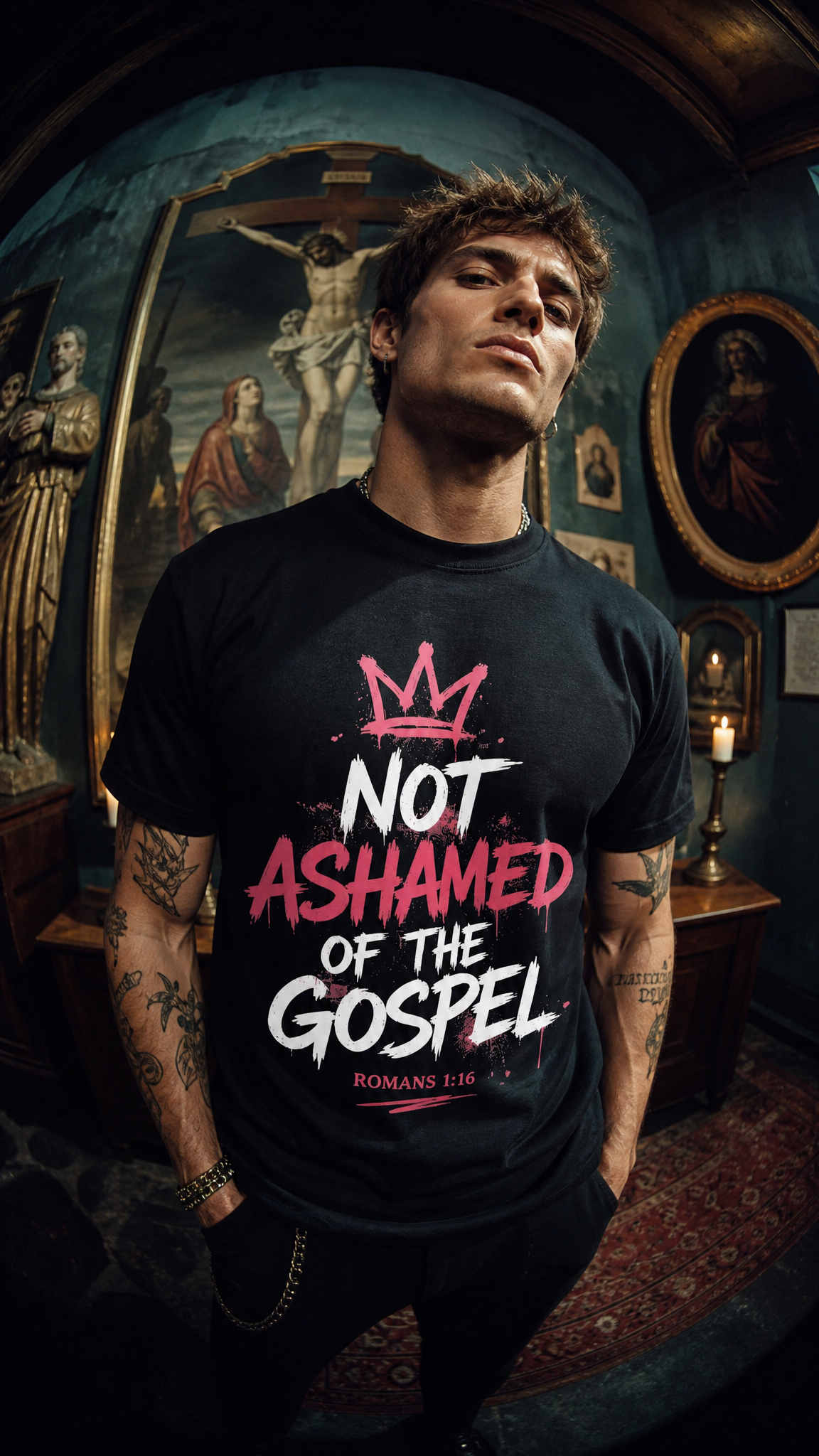 Christian faith graphic t-shirt worn by model with bold print