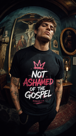 Christian faith graphic t-shirt worn by model with bold print