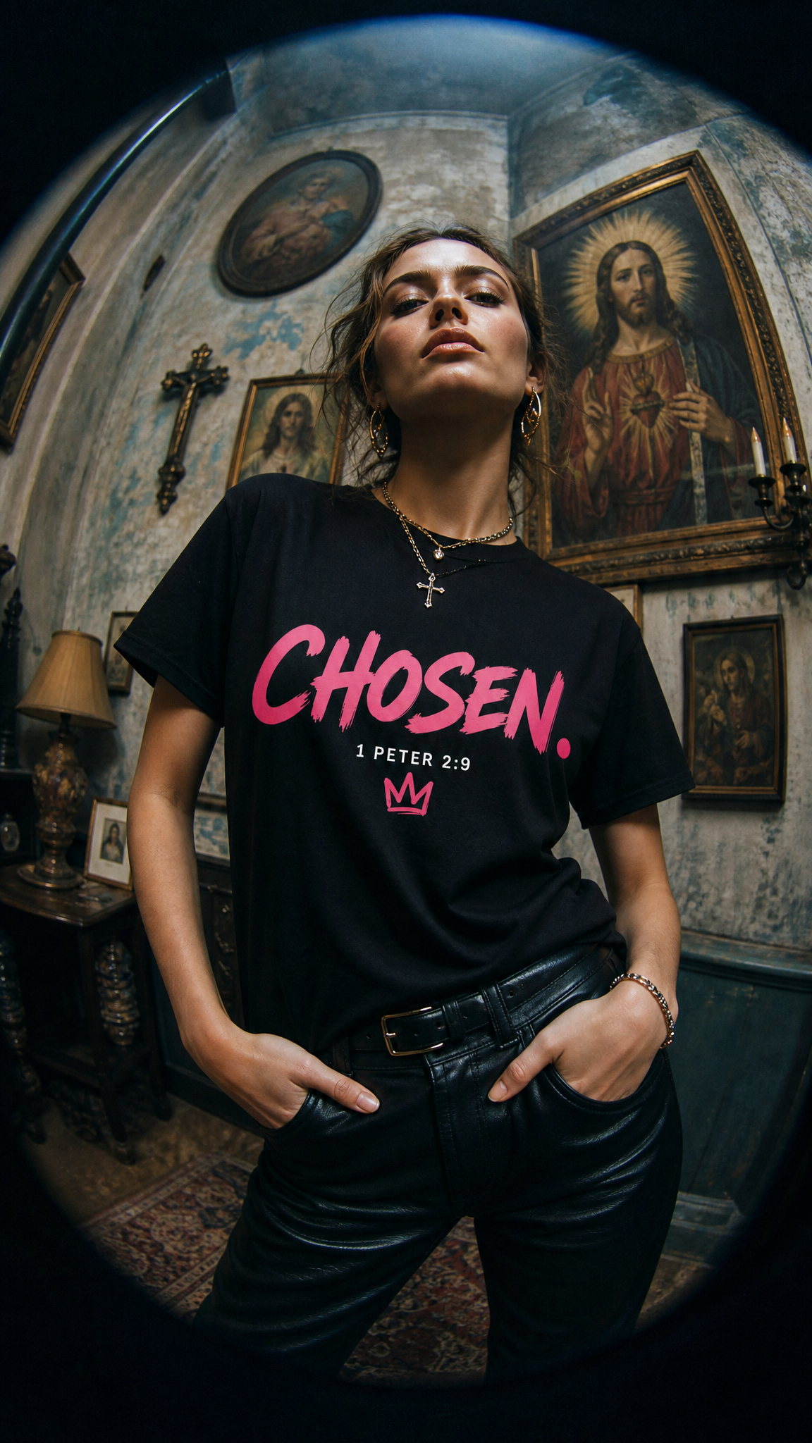 Christian faith graphic t-shirt worn by model with bold print
