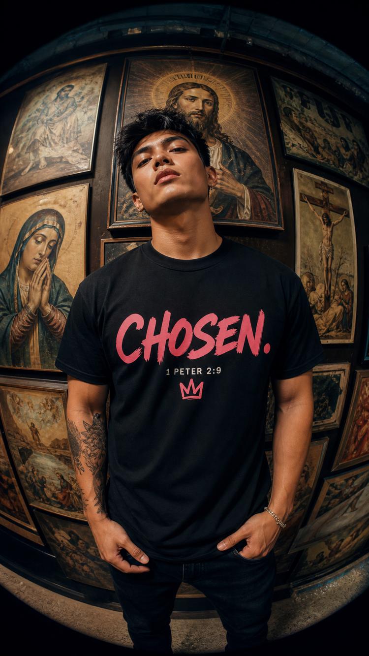 Christian faith graphic t-shirt worn by model with bold print
