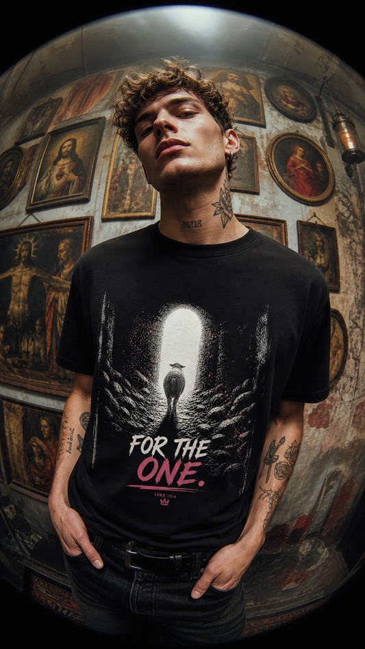 Christian faith graphic t-shirt worn by model with bold print