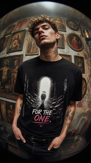 Christian faith graphic t-shirt worn by model with bold print
