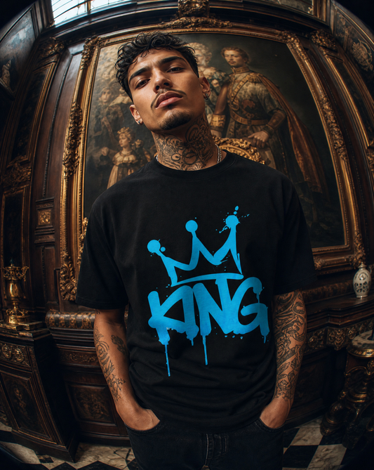 King Crown graphic t-shirt with bold blue graffiti typography and crown design
