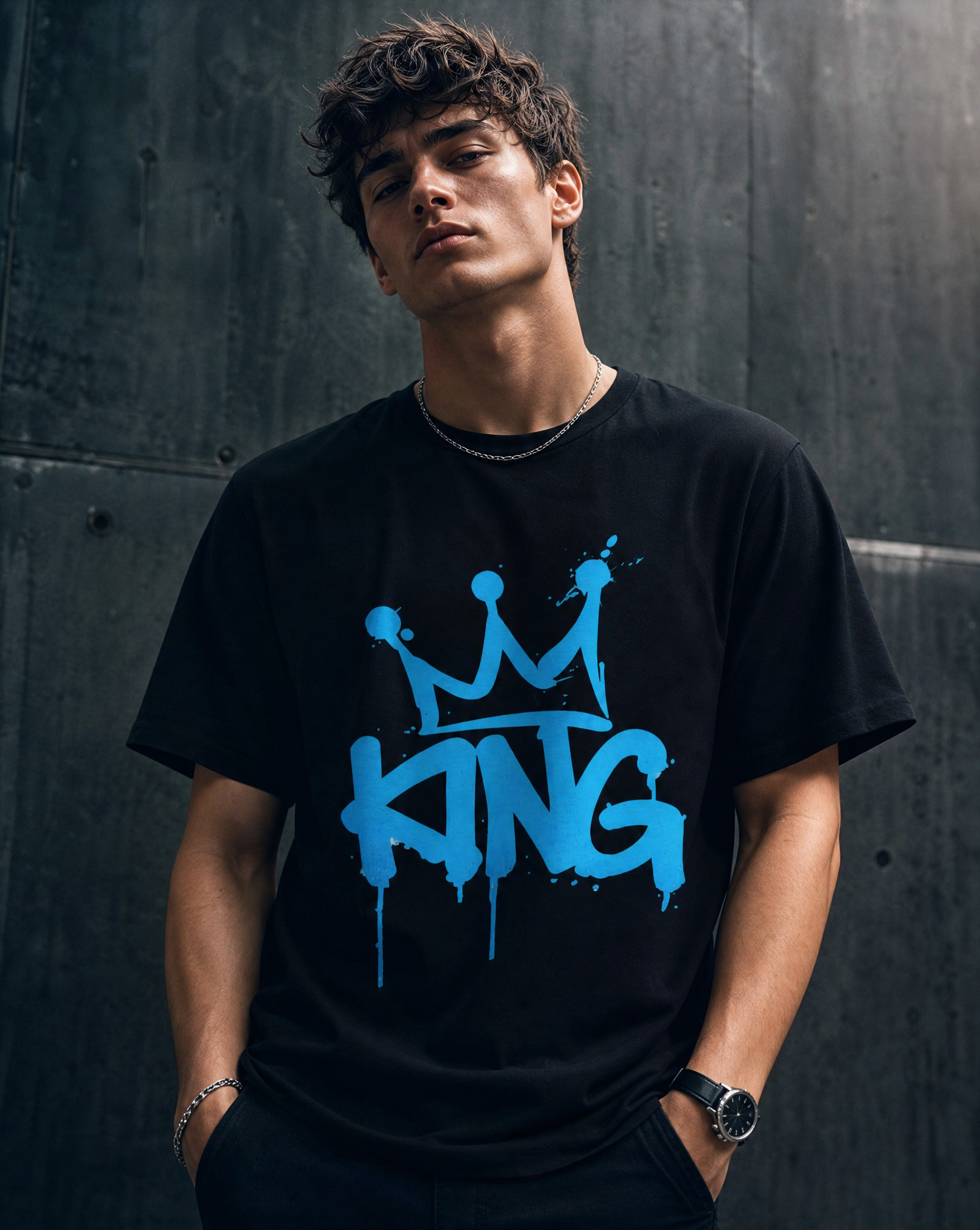 King Crown graphic t-shirt with bold blue graffiti typography and crown design