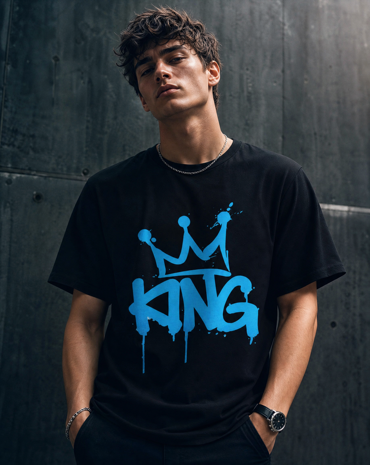 King Crown graphic t-shirt with bold blue graffiti typography and crown design