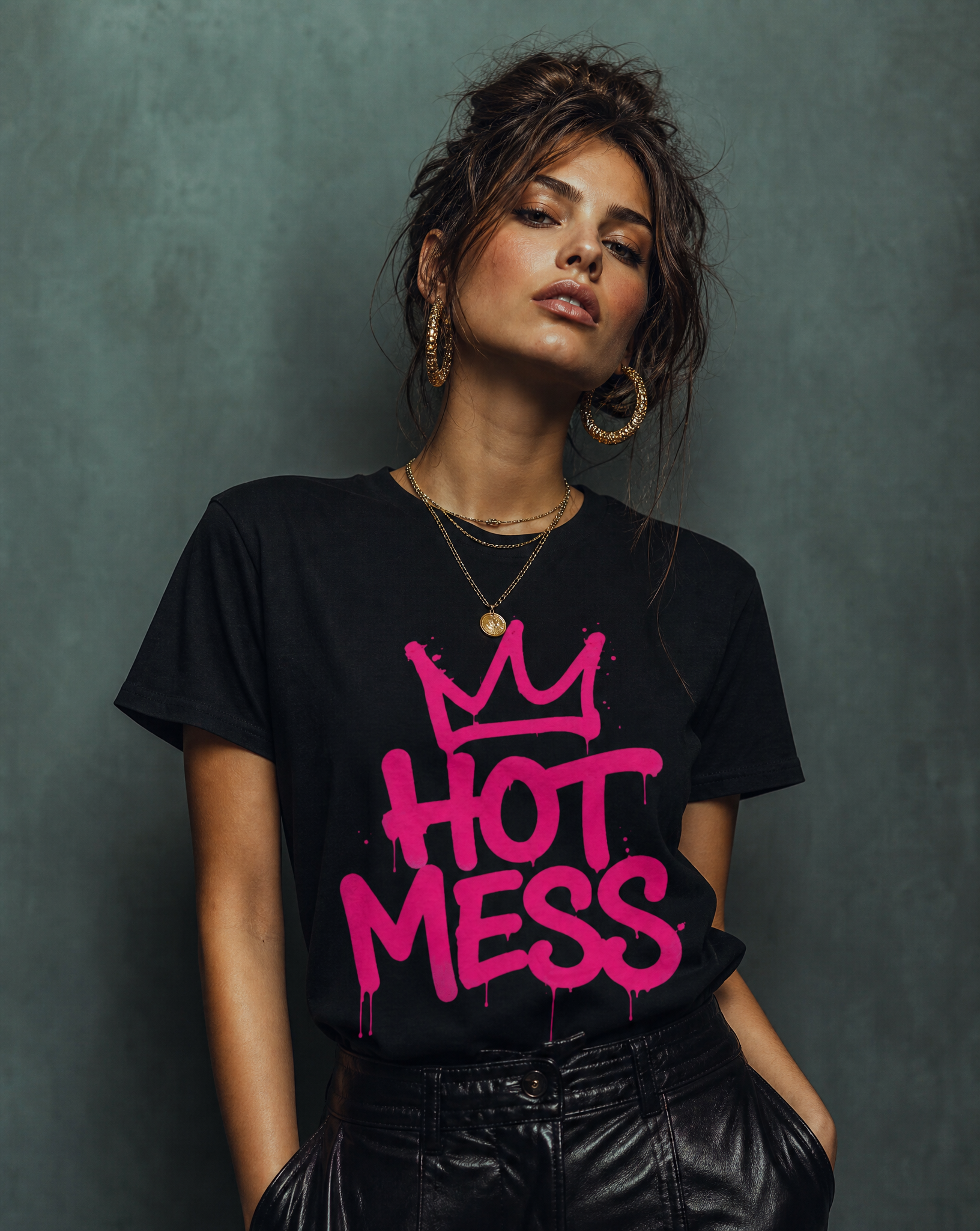Hot Mess Energy graphic t-shirt with oversized pink graffiti lettering