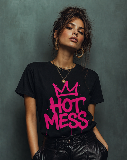 Hot Mess Energy graphic t-shirt with oversized pink graffiti lettering