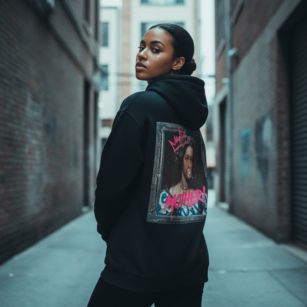 Model wearing Oliver & Eli premium statement hoodie  – bold style wearable art