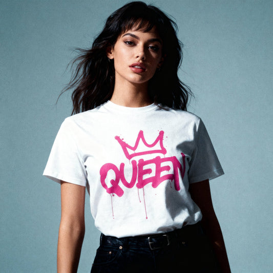 Model wearing Oliver & Eli premium statement t-shirt – bold style wearable art