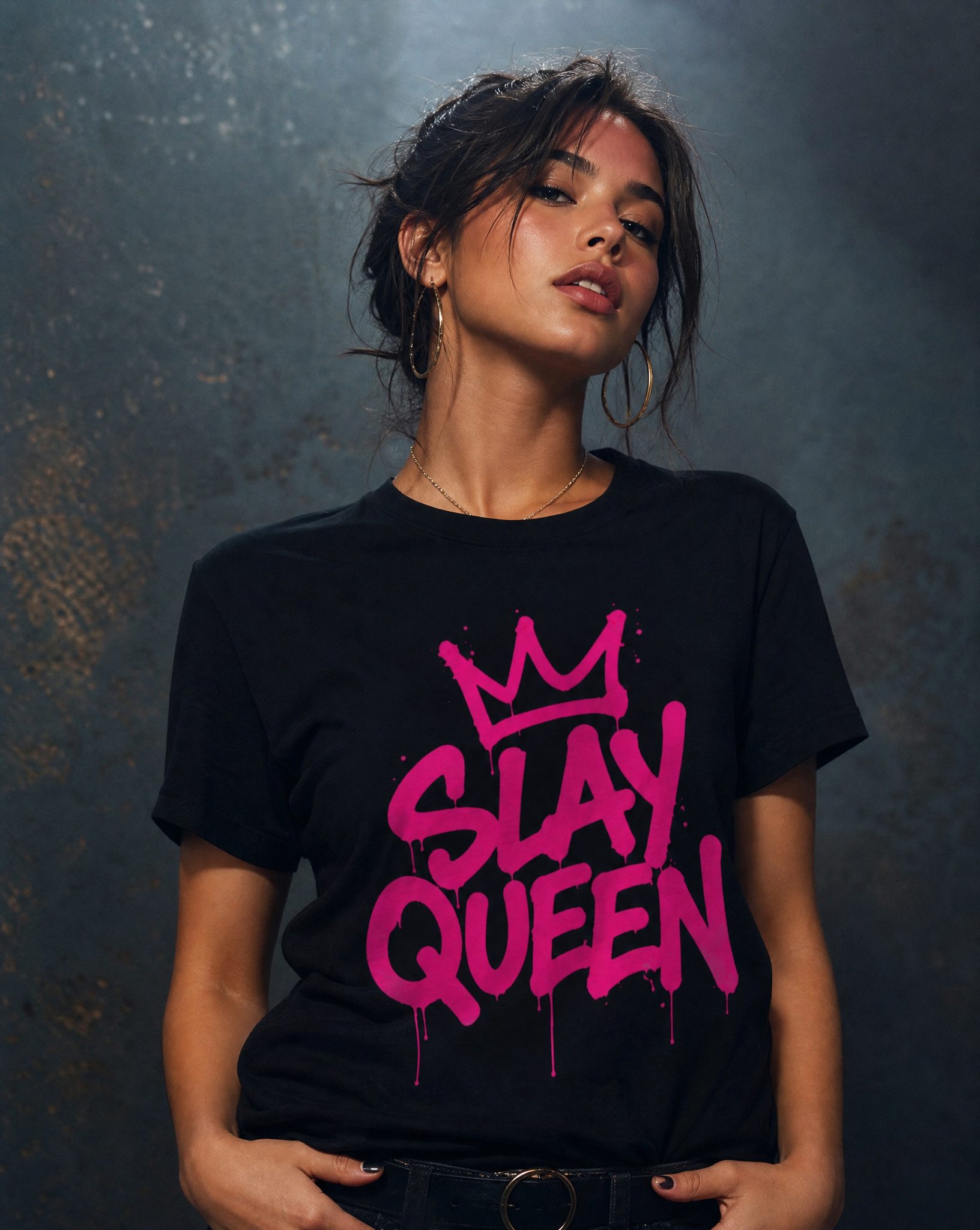 Slay Mode graphic t-shirt with pink graffiti lettering and crown icon