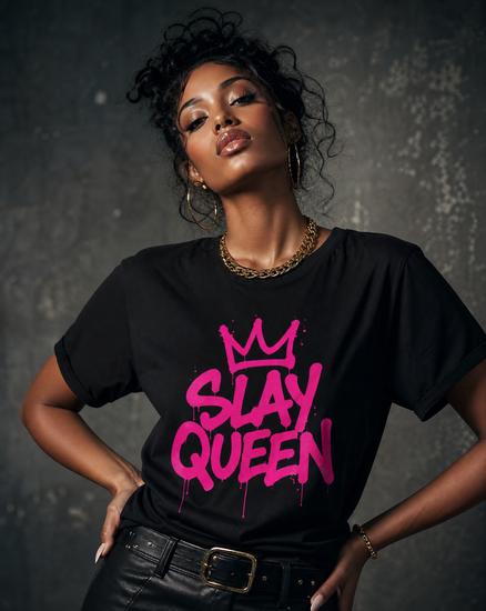 Slay Mode graphic t-shirt with pink graffiti lettering and crown icon