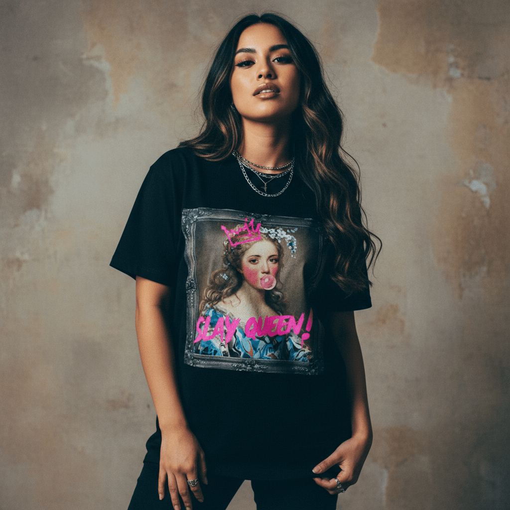 Model wearing Oliver & Eli premium statement tote – bold style wearable art