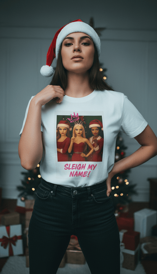 Oliver & Eli’s Sleigh Season collection — premium cotton Christmas t-shirt with graffiti print and festive design.