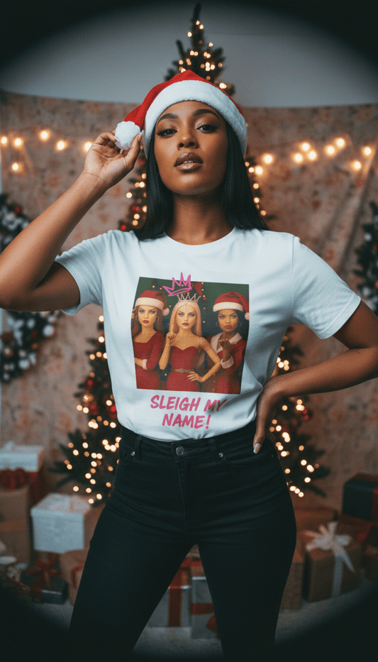 Oliver & Eli’s Sleigh Season collection — premium cotton Christmas t-shirt with graffiti print and festive design.