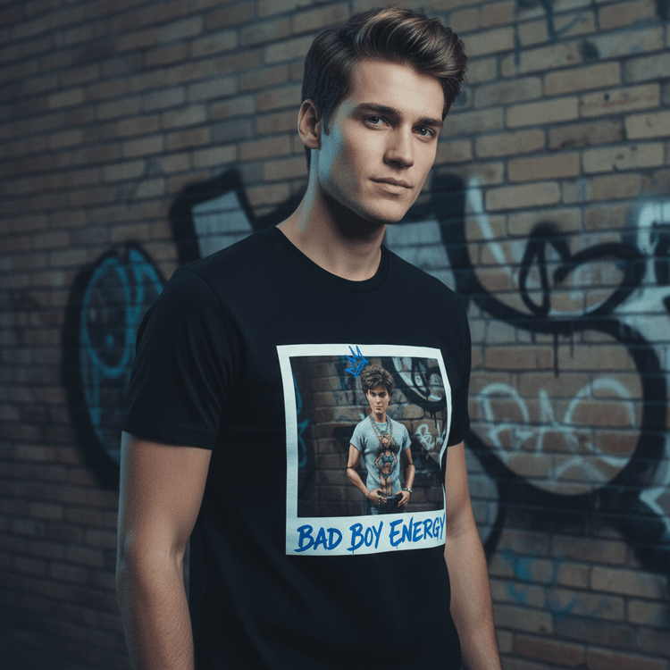 Bad Boy Energy Tee by Oliver & Eli – white cotton t-shirt with graffiti print and bold artistic design.