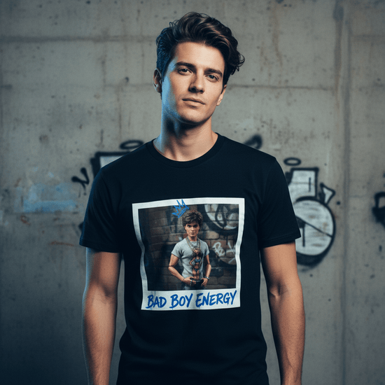 Bad Boy Energy Tee by Oliver & Eli – white cotton t-shirt with graffiti print and bold artistic design.