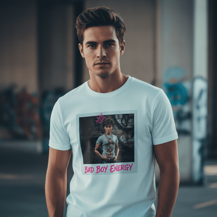Bad Boy Energy Tee by Oliver & Eli – white cotton t-shirt with graffiti print and bold artistic design.