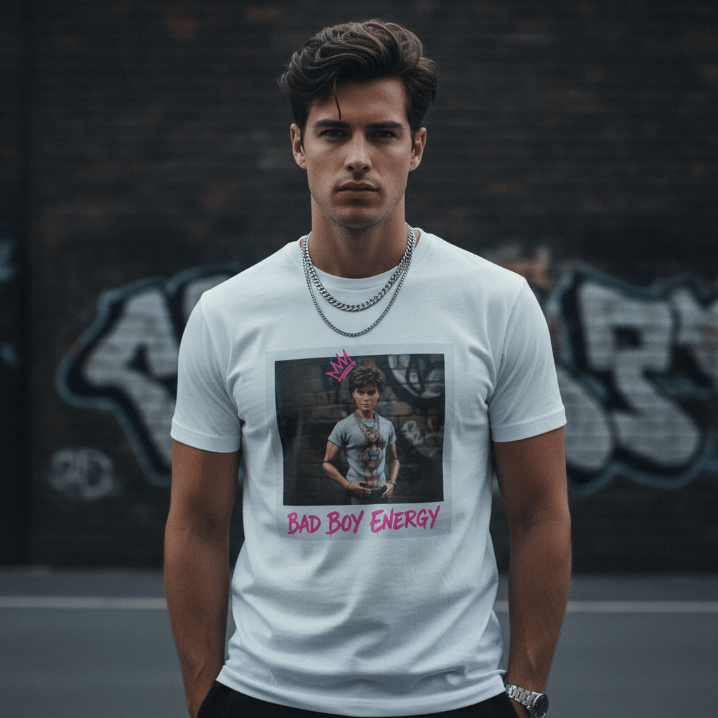 Bad Boy Energy Tee by Oliver & Eli – white cotton t-shirt with graffiti print and bold artistic design.