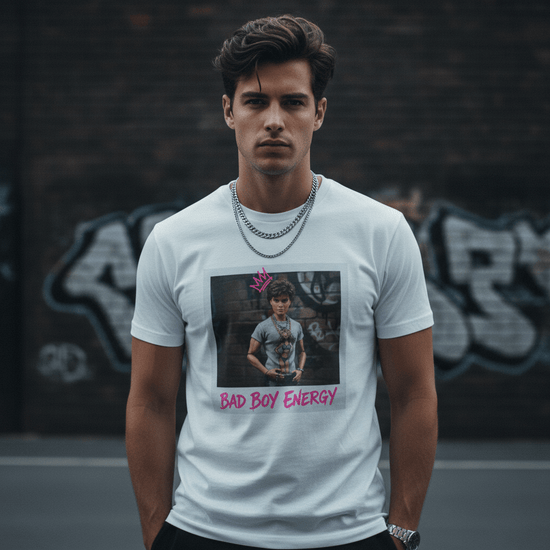 Bad Boy Energy Tee by Oliver & Eli – white cotton t-shirt with graffiti print and bold artistic design.