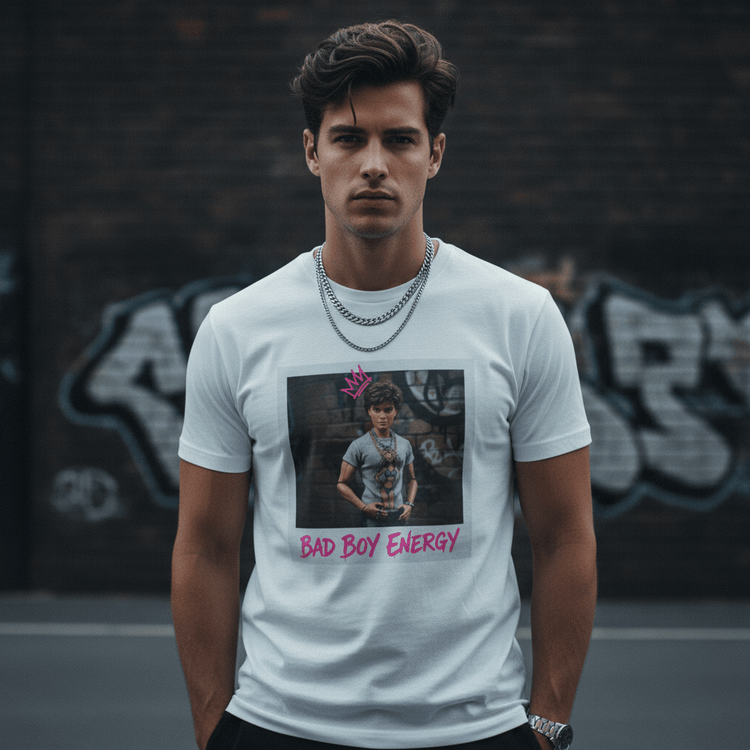 Bad Boy Energy Tee by Oliver & Eli – white cotton t-shirt with graffiti print and bold artistic design.