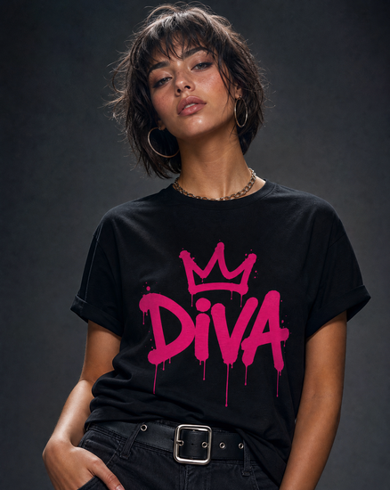 Diva graphic t-shirt with pink graffiti lettering and crown icon