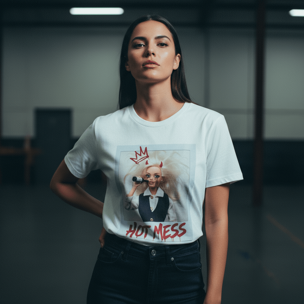 Model wearing Oliver & Eli premium statement t-shirt – bold style wearable art 