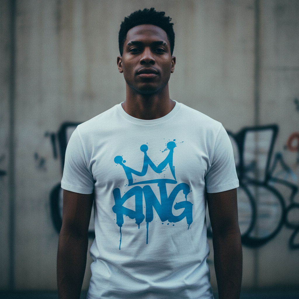 King Crown graphic t-shirt with bold blue graffiti typography and crown design