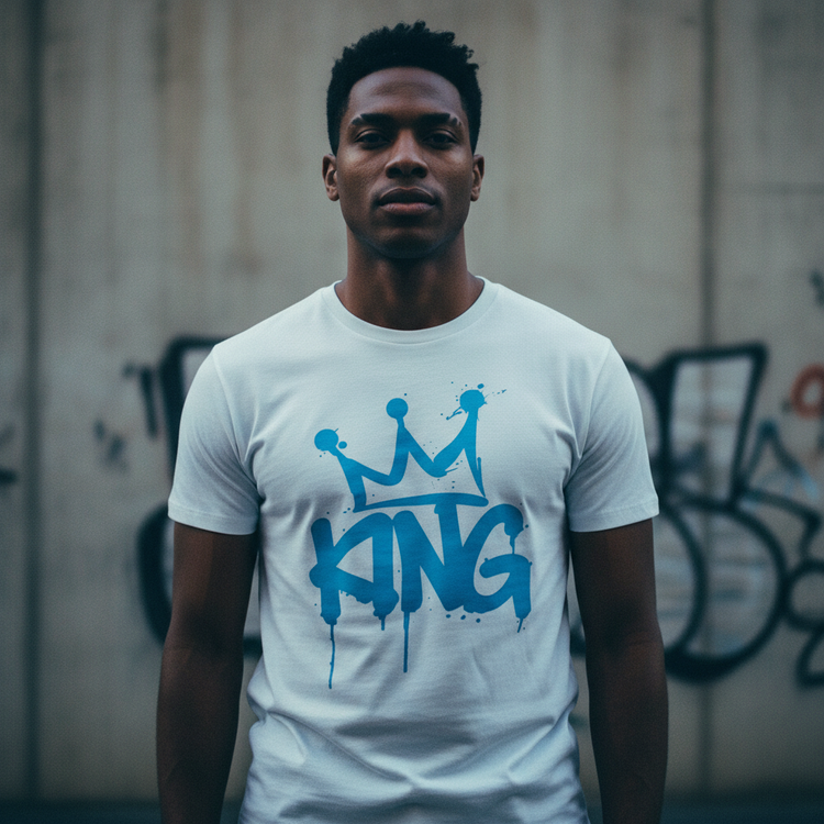 King Crown graphic t-shirt with bold blue graffiti typography and crown design
