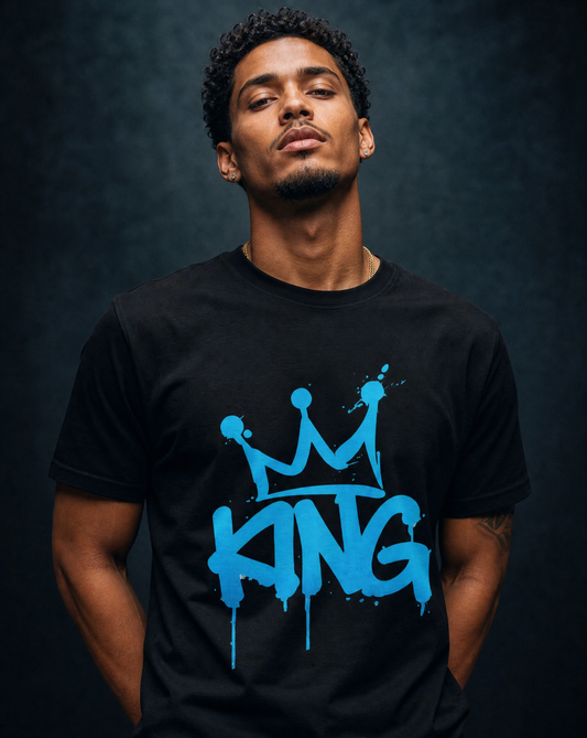 King Crown graphic t-shirt with bold blue graffiti typography and crown design