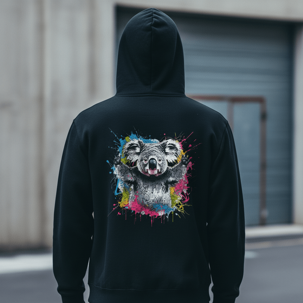 Model wearing Oliver & Eli premium statement hoodie – bold style wearable art 