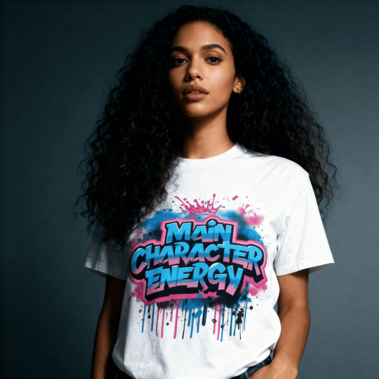 Model wearing Oliver & Eli premium statement t-shirt  – bold style wearable art