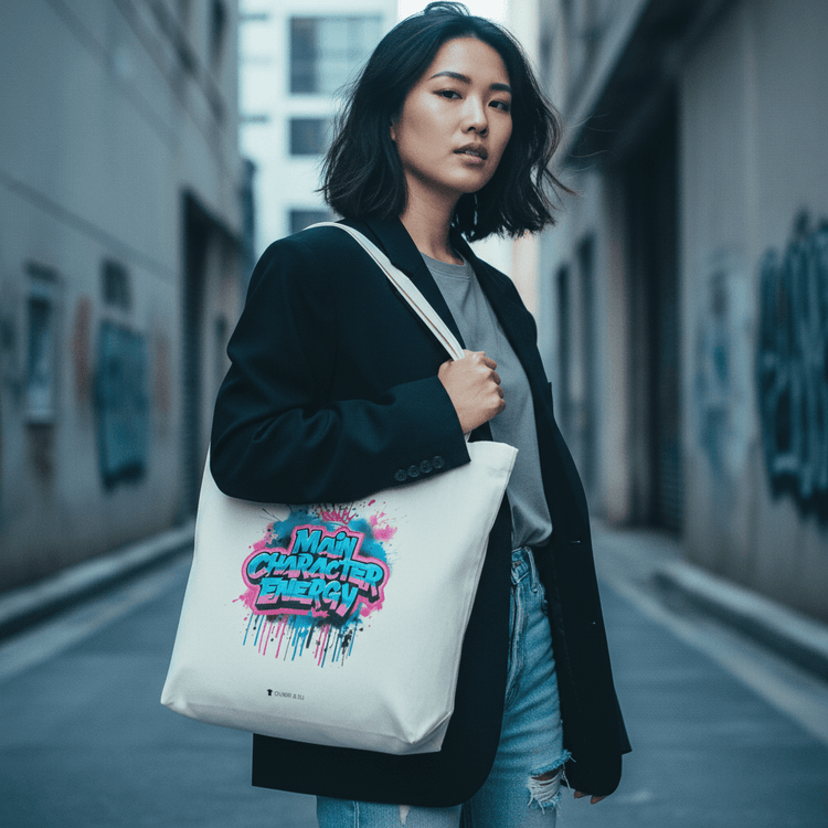 Model wearing Oliver & Eli premium statement tote  – bold style wearable art