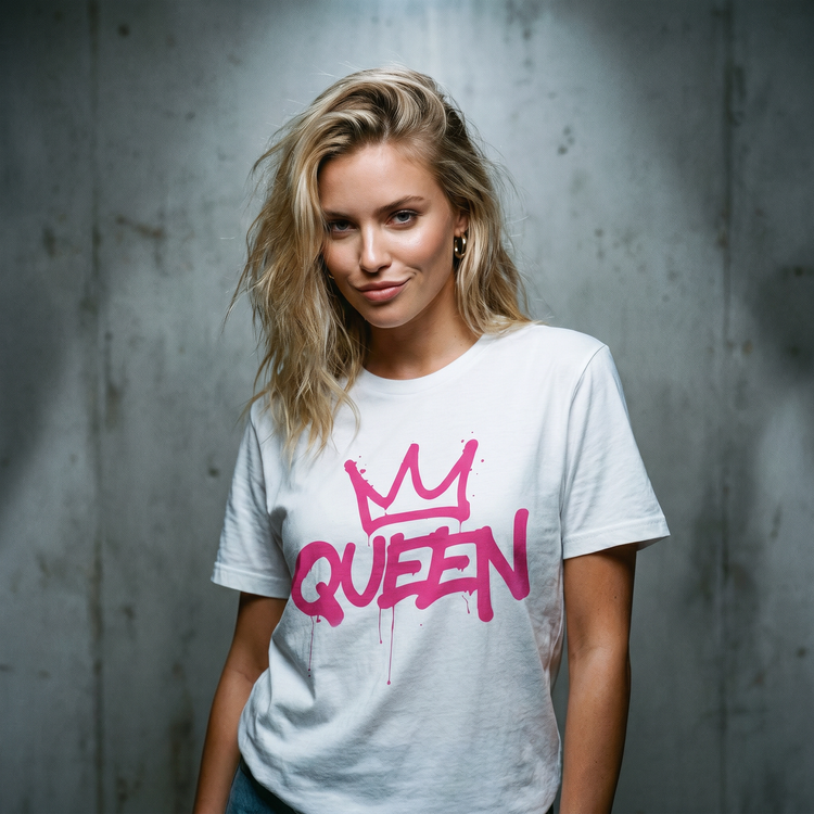 Queen Crown graphic t-shirt with pink graffiti typography and crown artwork