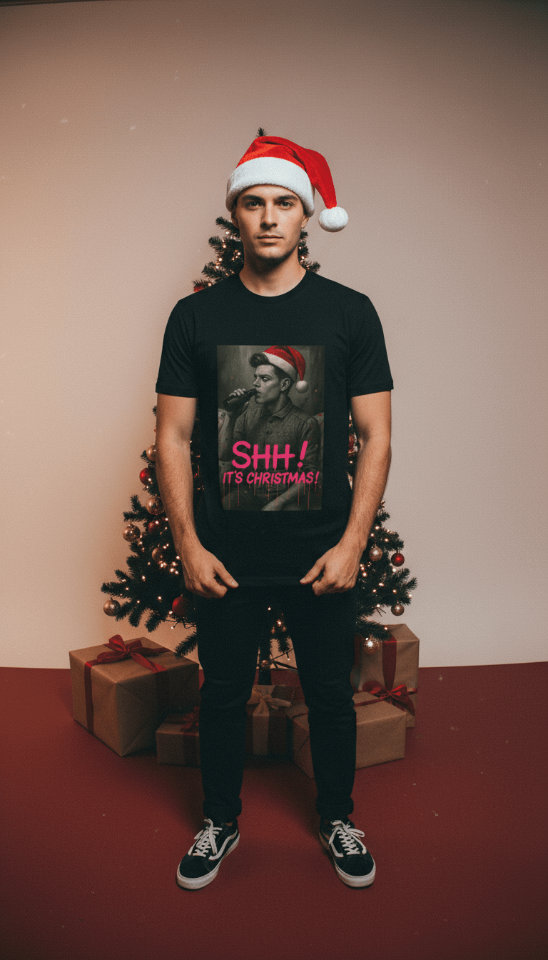 Model wearing tee from Oliver & Eli’s Sleigh Season collection — premium cotton Christmas t-shirt with graffiti print and festive designOliver & Eli’s Sleigh Season collection — premium cotton Christmas t-shirt with graffiti print and festive design.