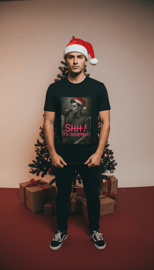 Model wearing tee from Oliver & Eli’s Sleigh Season collection — premium cotton Christmas t-shirt with graffiti print and festive designOliver & Eli’s Sleigh Season collection — premium cotton Christmas t-shirt with graffiti print and festive design.