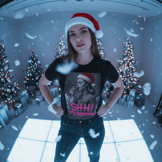 Model wearing tee from Oliver & Eli’s Sleigh Season collection — premium cotton Christmas t-shirt with graffiti print and festive design.
