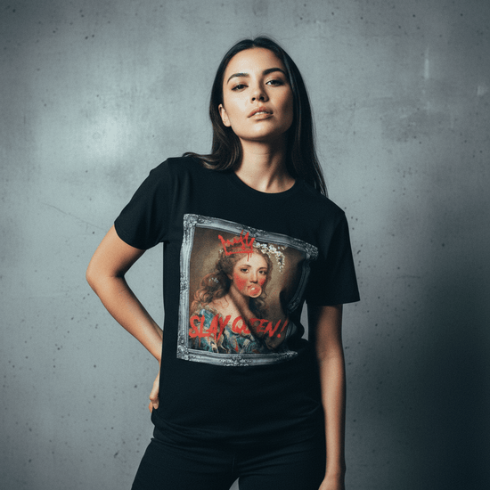 Model wearing Oliver & Eli premium statement tote – bold style wearable art